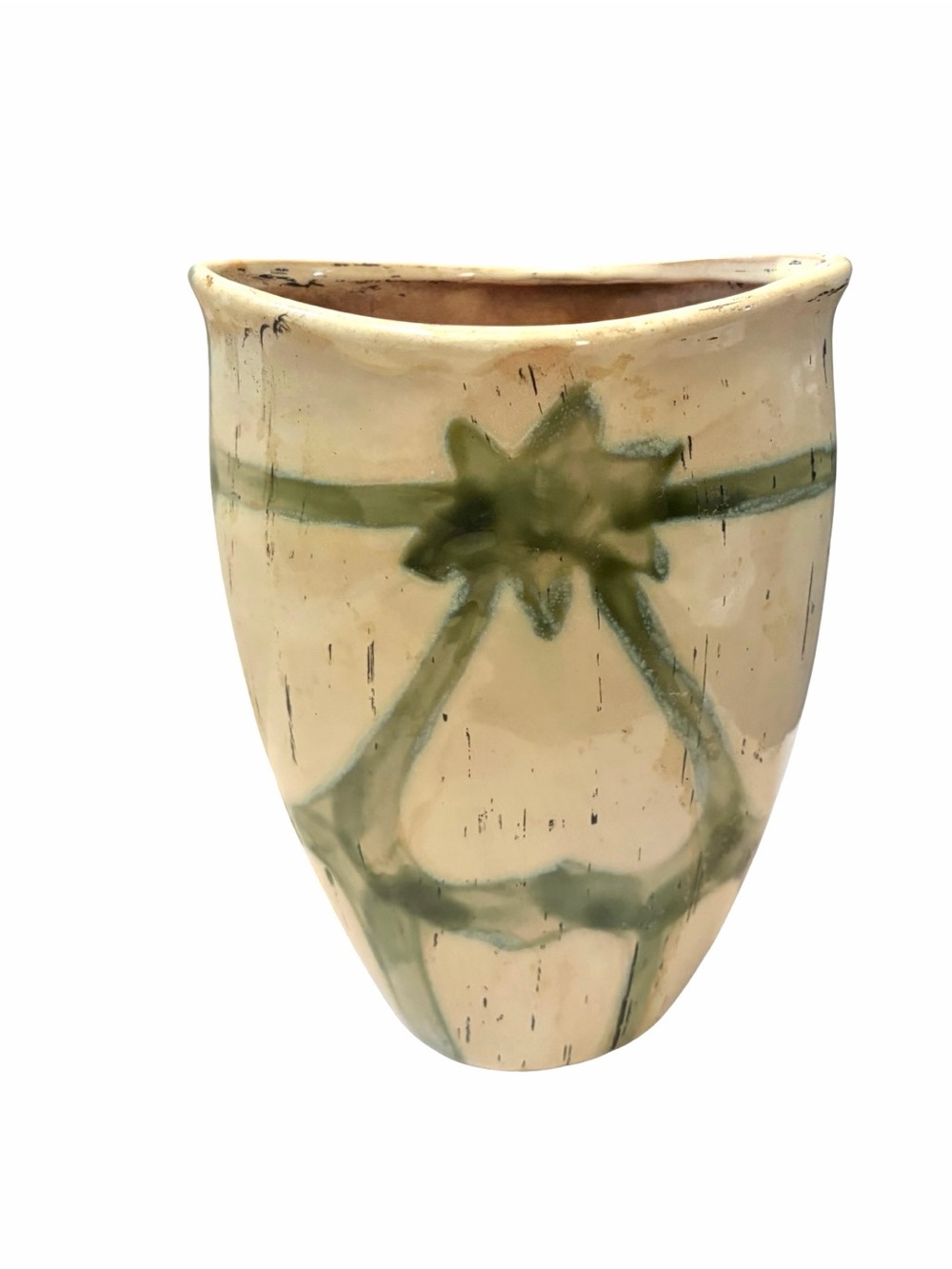 Hand-Painted Cream & Green Ceramic Vase 7.5”